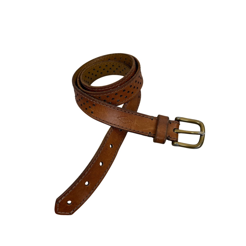Fossil Belt Womens Large Brown Perforated Leather Whipstitch Brass Buckle Deboss